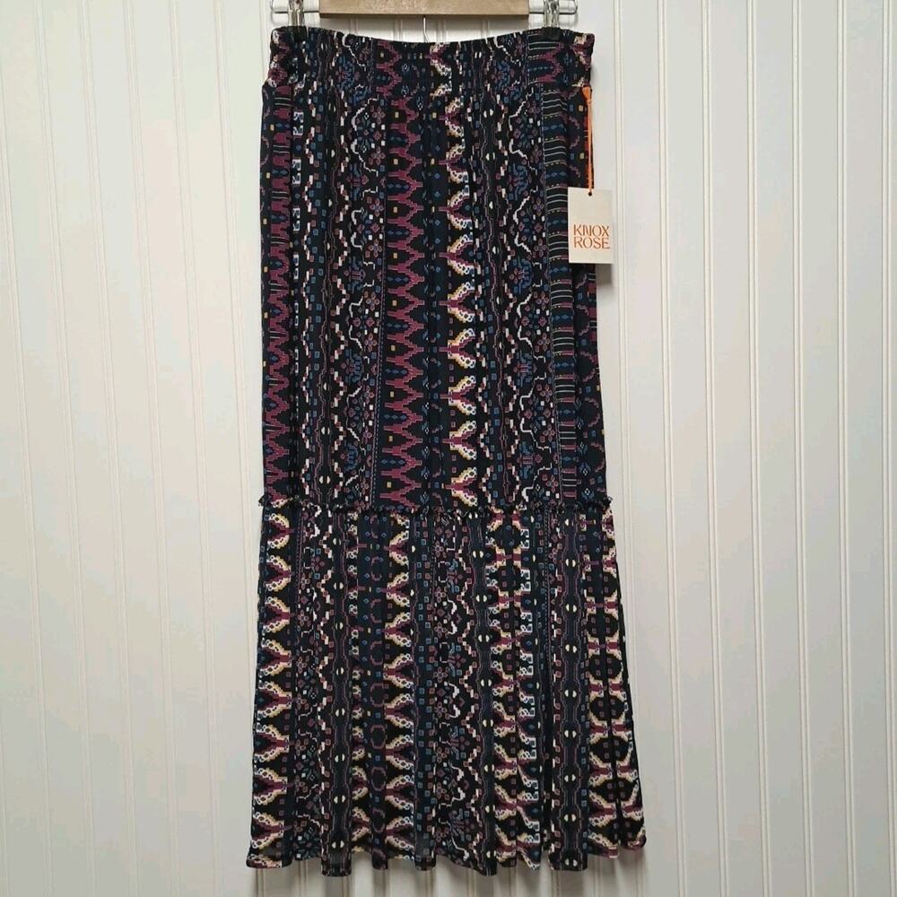 NWT Knox Rose Tiered Maxi Skirt Womens L Navy Blue Aztec Printed Mesh Pull On